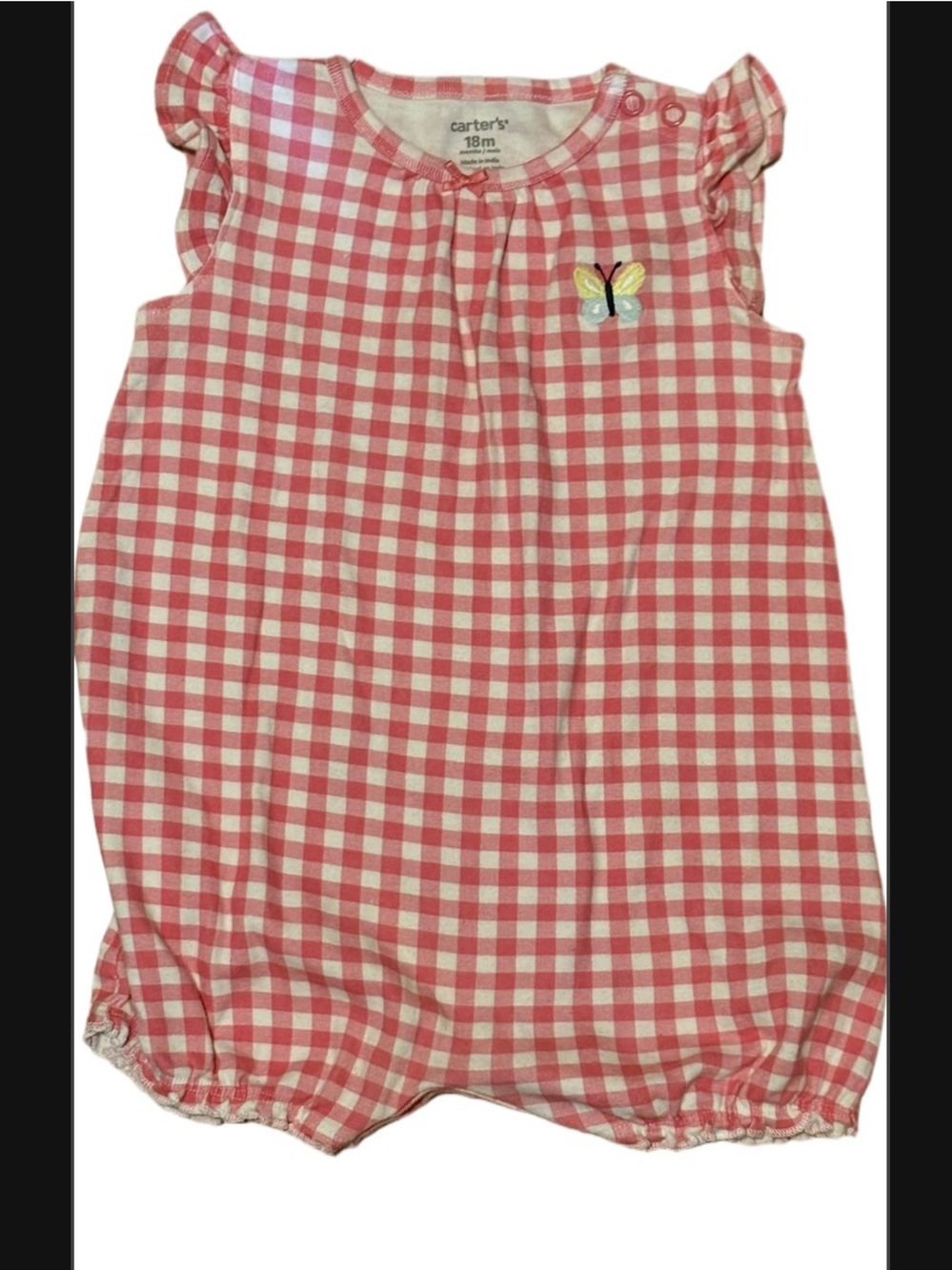 Carter's Pink & White Gingham Bubble Romper with Butterfly and Frog Detail